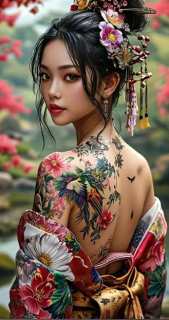 Diamond Painting Japanische Frau Blumen-Tattoo